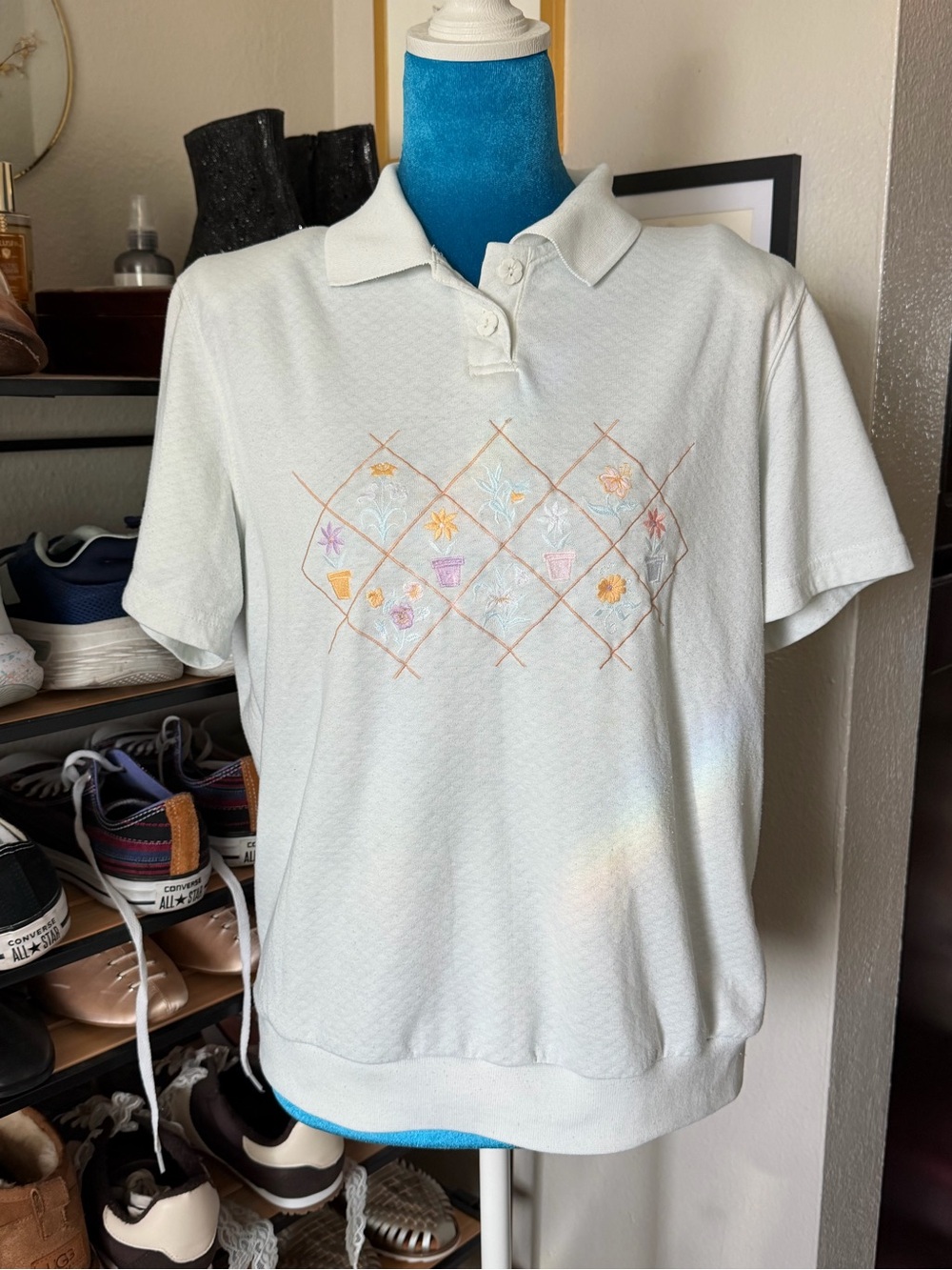 Vintage Cottagecore Short Sleeve Polo Top - Light Mint Green